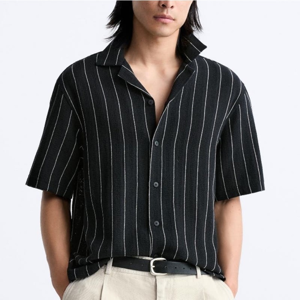 Zara Man Men's Relaxed Fit Textured Short Sleeve Button Up Shirt Size Large